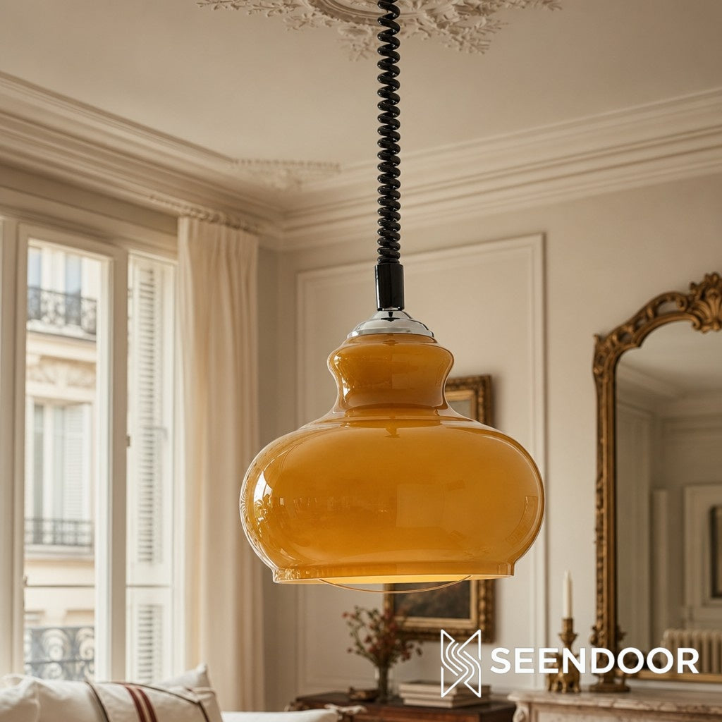 Lampada a sospensione in vetro crema retrò Lunea – Lampada vintage nordica per camera da letto e sala da pranzo