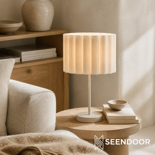 Velura Gathered Linen Table Lamp – Compact Beige Bedside Light for Nightstand and Desk