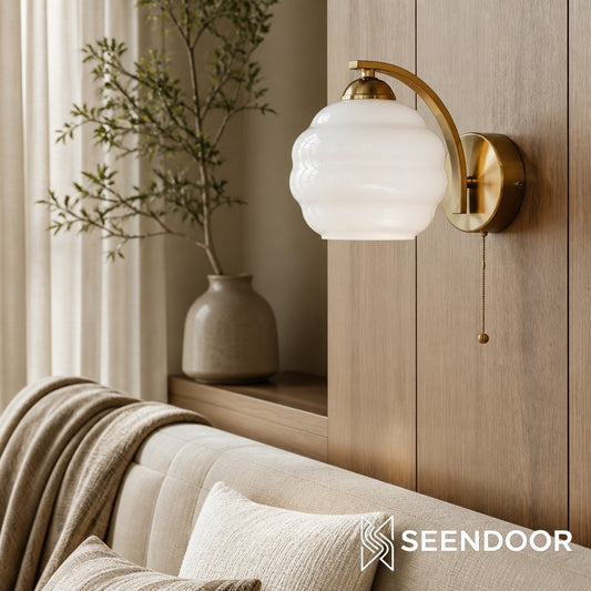 Curvona Sculptural Milk Glass Wall Sconce – Bauhaus Brass Arm Light for Bedroom and Hallway