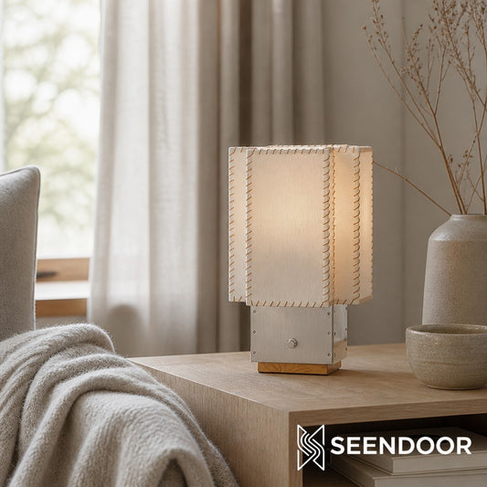 Hand-Stitched Fabric Table Lamp – Modern Artisan Accent Light for Bedroom and Living Room