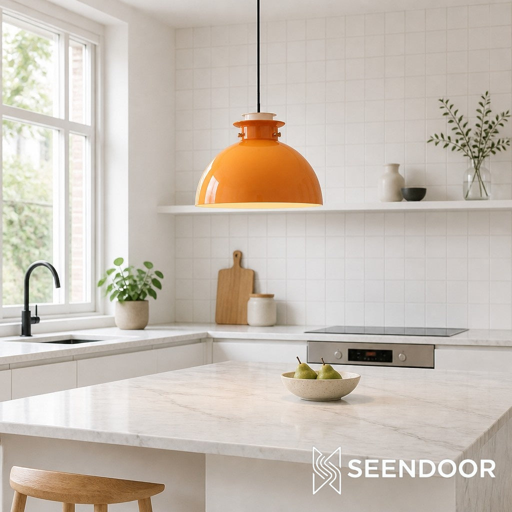 Glebe Glossy Glass Dome Pendant Lamp – Industrial Orange Hanging Light for Kitchen and Dining Room