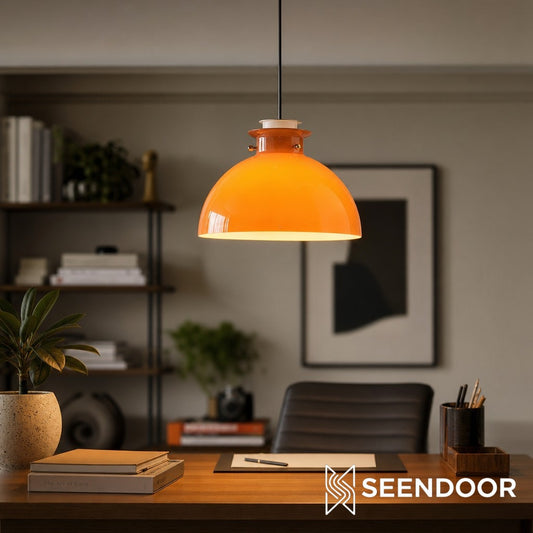 Glebe Glossy Glass Dome Pendant Lamp – Industrial Orange Hanging Light for Kitchen and Dining Room