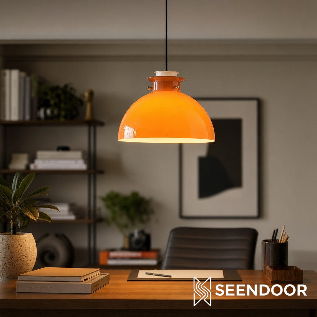 Glebe Glossy Glass Dome Pendant Lamp – Industrial Orange Hanging Light for Kitchen and Dining Room