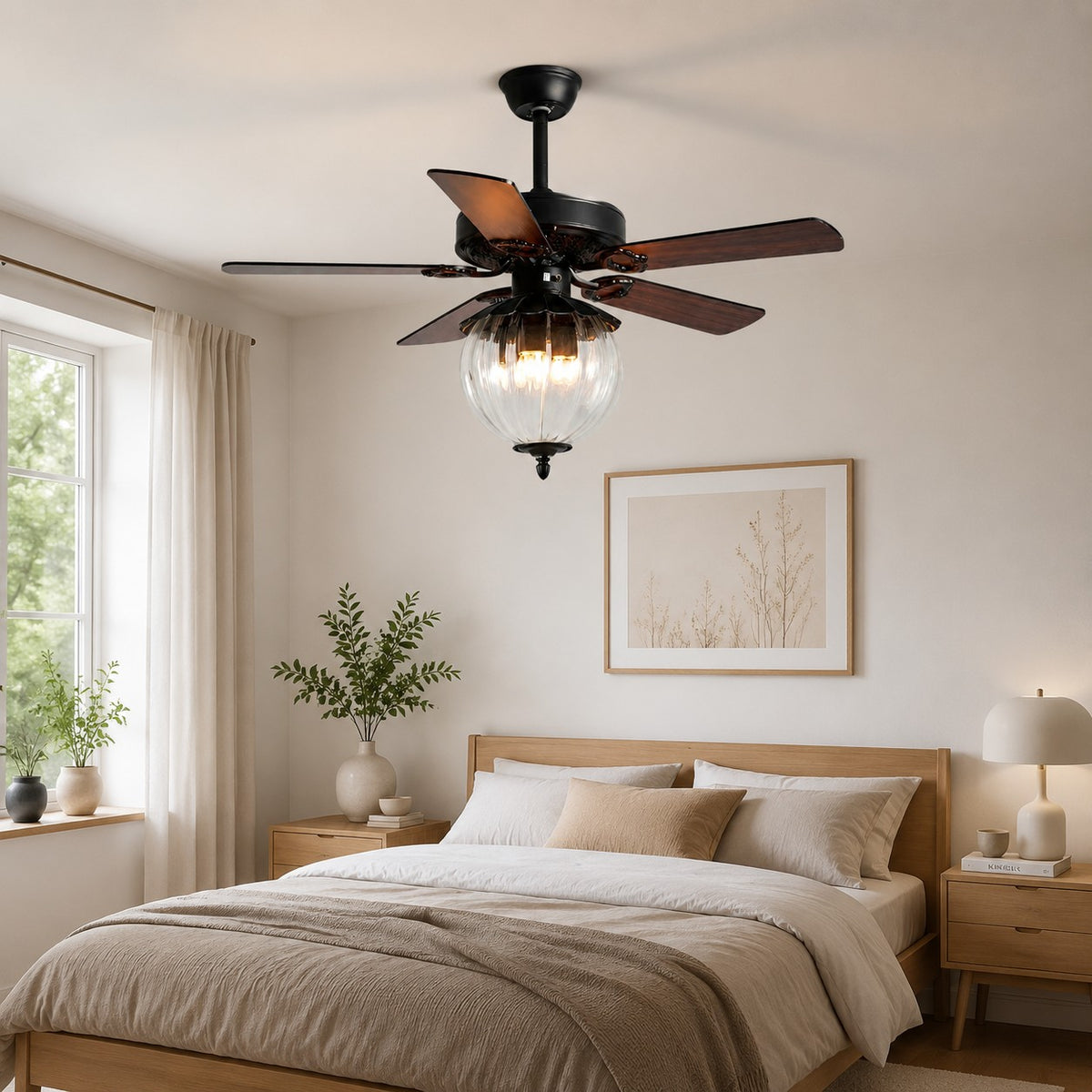 Konoha and Banana Leaf Wooden Ceiling Fan Light