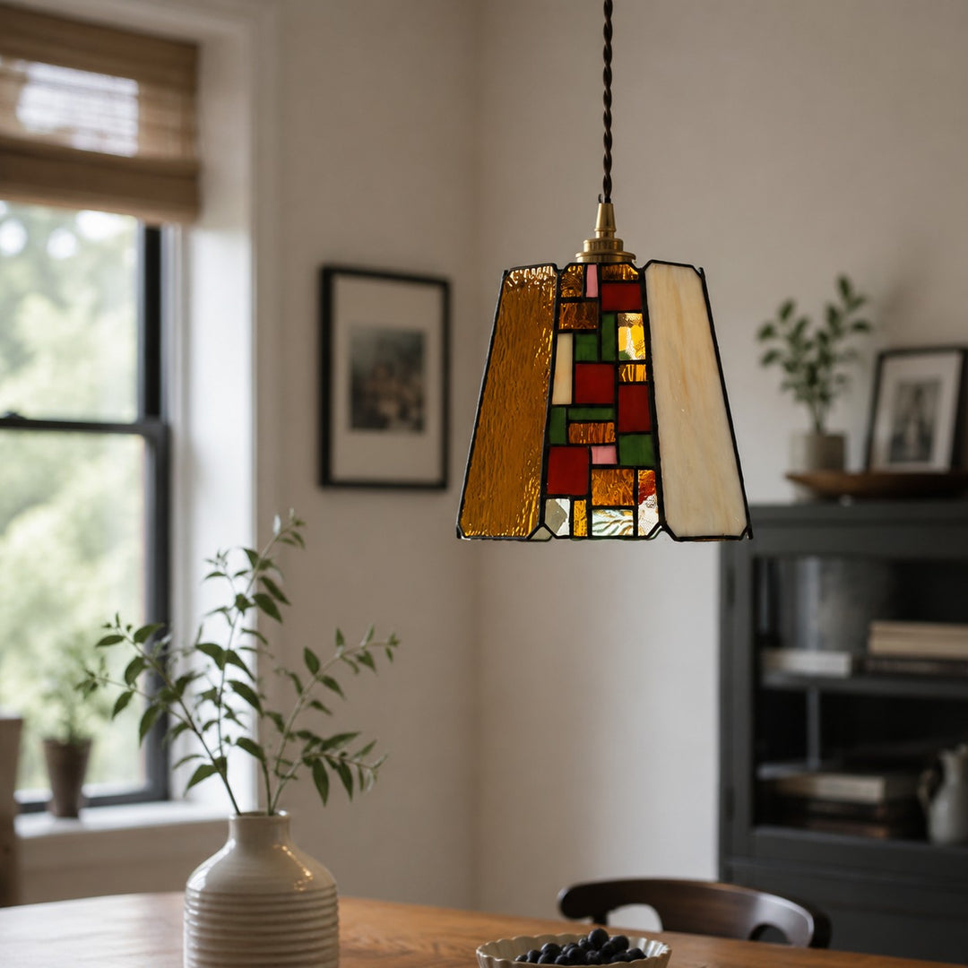 Vintage hanglamp van rozenkleurig glas-in-lood