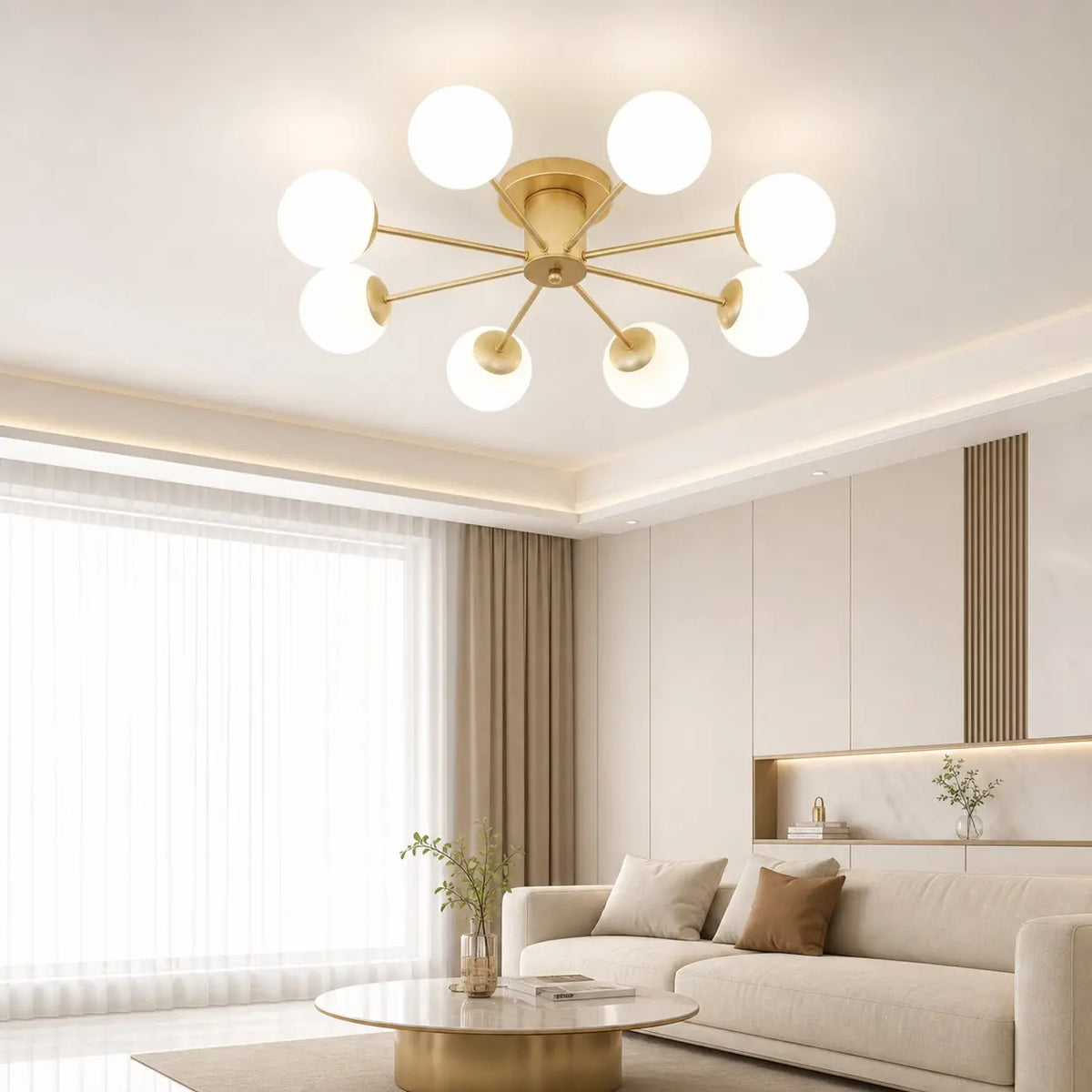 Eight-head gold globe ceiling light in a modern living room