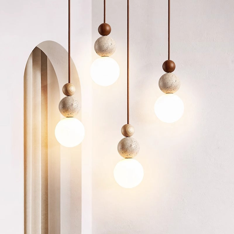 Lampada a Sospensione LED Retro Minimalista in Pietra di Travertino Crema