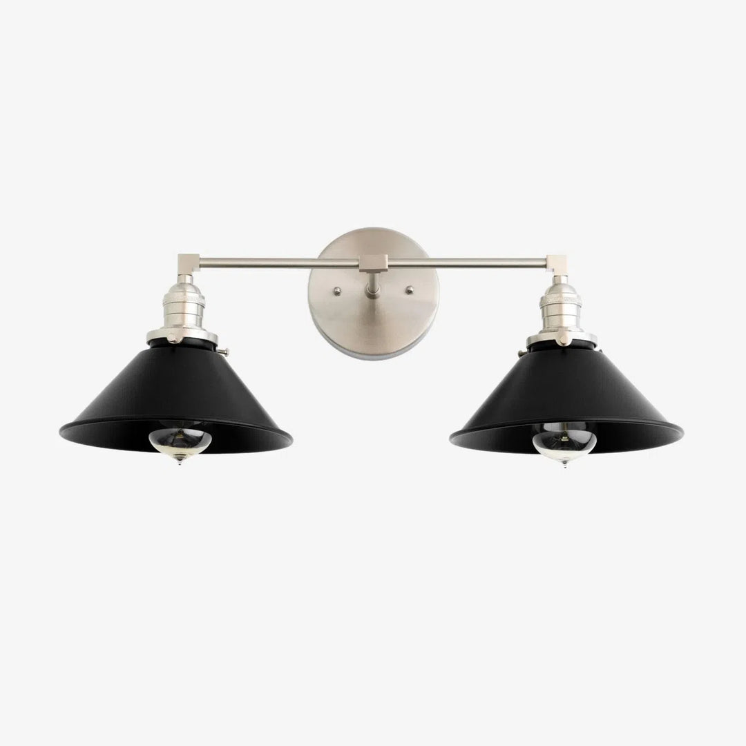 Conique Metal Dual Black Sconce with Cone Shades - Industrial Vanity Wall Light for Mirror