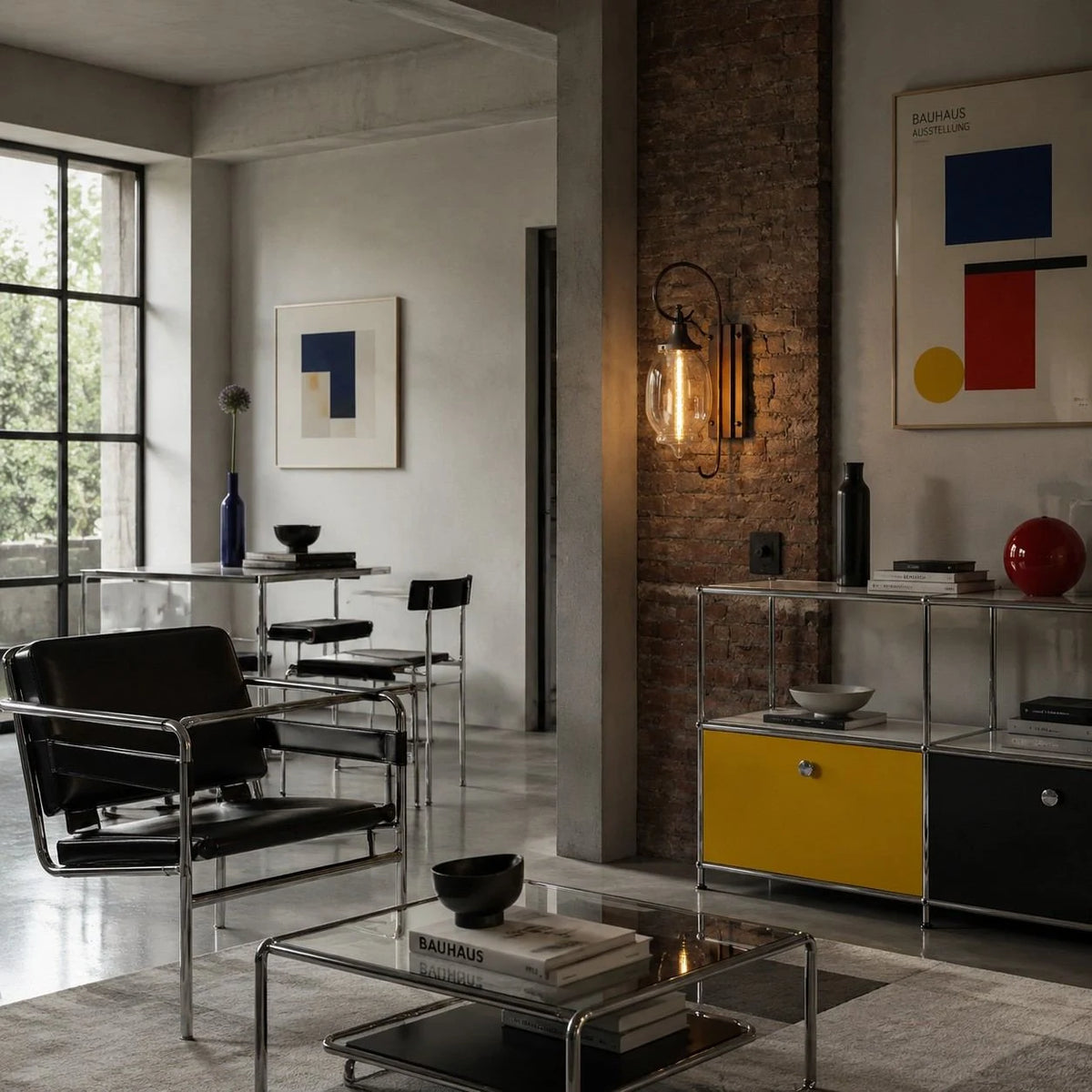 Modern loft installation with brick and Bauhaus decor