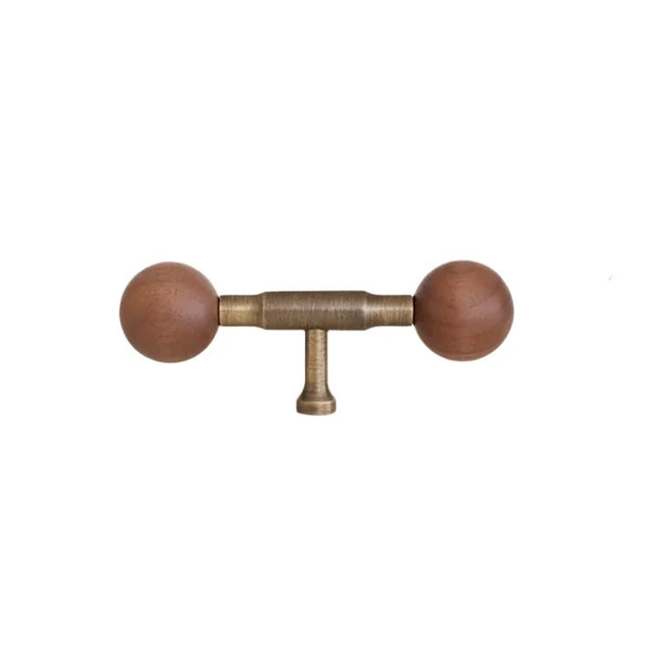 Vintage Walnut Brass Pulls – Single Hole Double Ball Wooden Cabinet Pulls