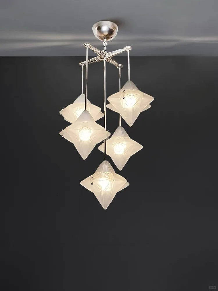 Art Deco Astris Star Chandelier – Frosted Glass Deco Fixture for Dining Room