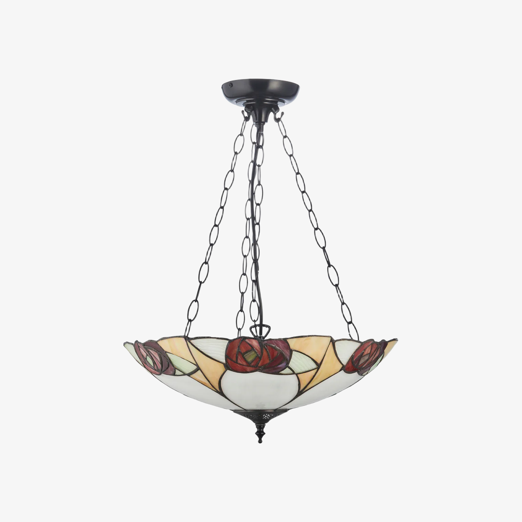 Lampe de plafond en vitrail artisanale TF Ingram – Lumière Tiffany vintage Art déco pour salle à manger