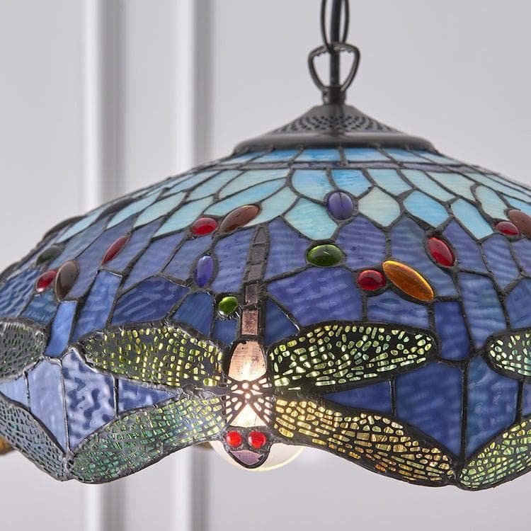 TF Dragonfly Blauwe Tiffany Plafondlamp – Art Nouveau Glas-in-Lood Hanglamp voor Woonkamer