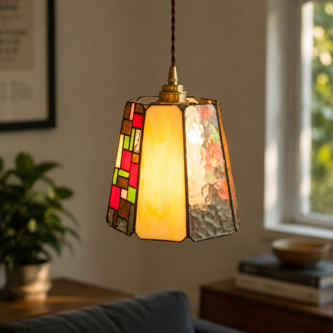 Vintage hanglamp van rozenkleurig glas-in-lood