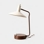 Bild in die Galerieansicht laden, Front view of Japanese iron desk lamp with ivory shade and brown frame