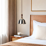 Cargar imagen en el visor de la Galería, Striped fabric pendant lamp installed beside a warm wood bedroom nightstand