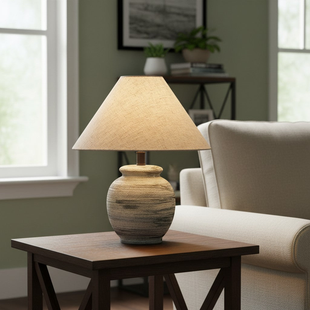 Ceravine Rustieke Keramische Voet Tafellamp met Kegelvormige Stoffen Kap – Elegante Accentverlichting voor Thuis