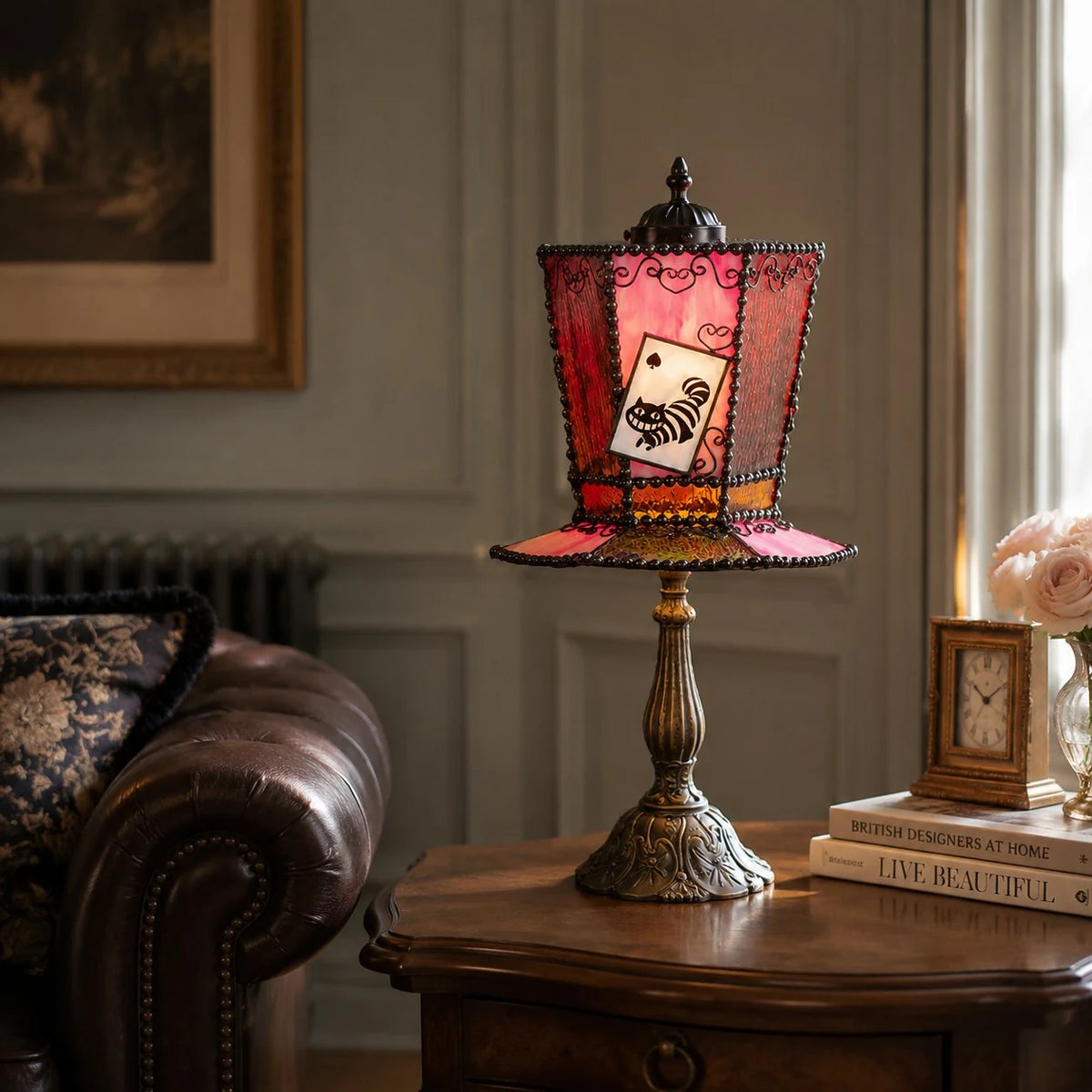 Rose purple table lamp on bedside table scene