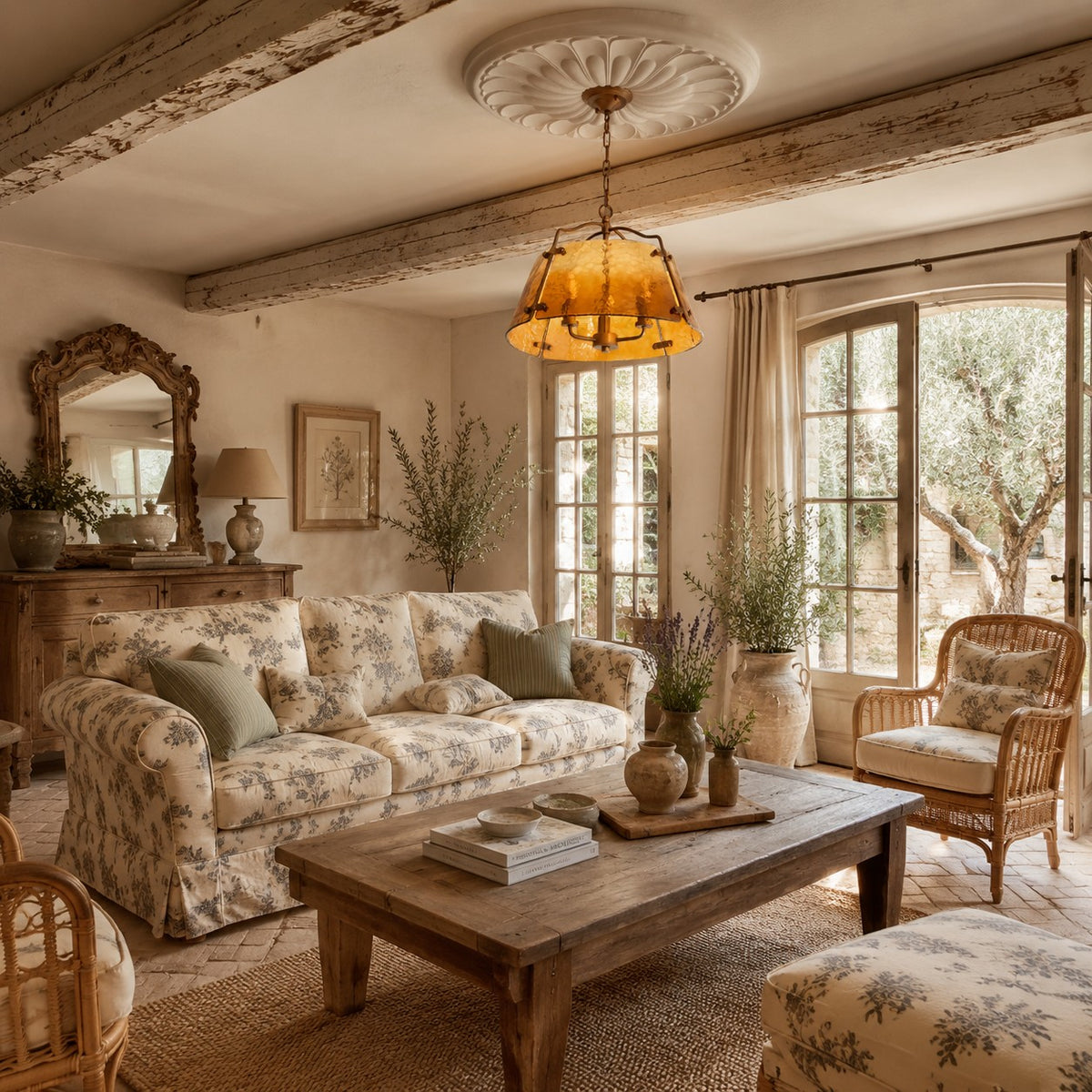 Amber glass pendant chandelier in a daylight living room
