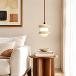 Cargar imagen en el visor de la Galería, Single travertine stone pendant light beside a sofa and side table