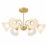 Załaduj obraz do przeglądarki galerii, Solid brass six-arm floral glass chandelier on a white background