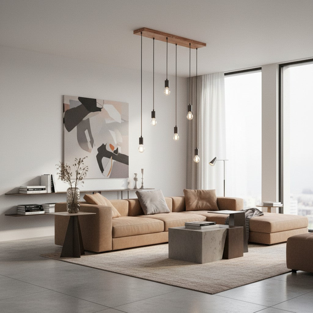 Vornix 6-licht lineaire hanglamp - houten balk moderne industriële armatuur voor keuken-eiland eetkamer