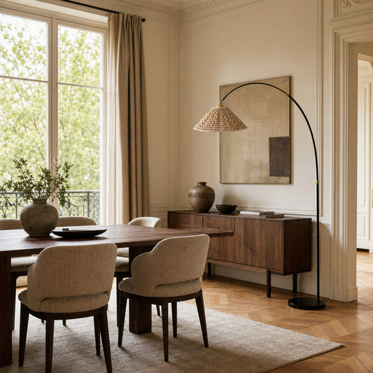 Lampadaire arc floral style français Veslin – Lampe sur pied en tissu plissé pour chambre