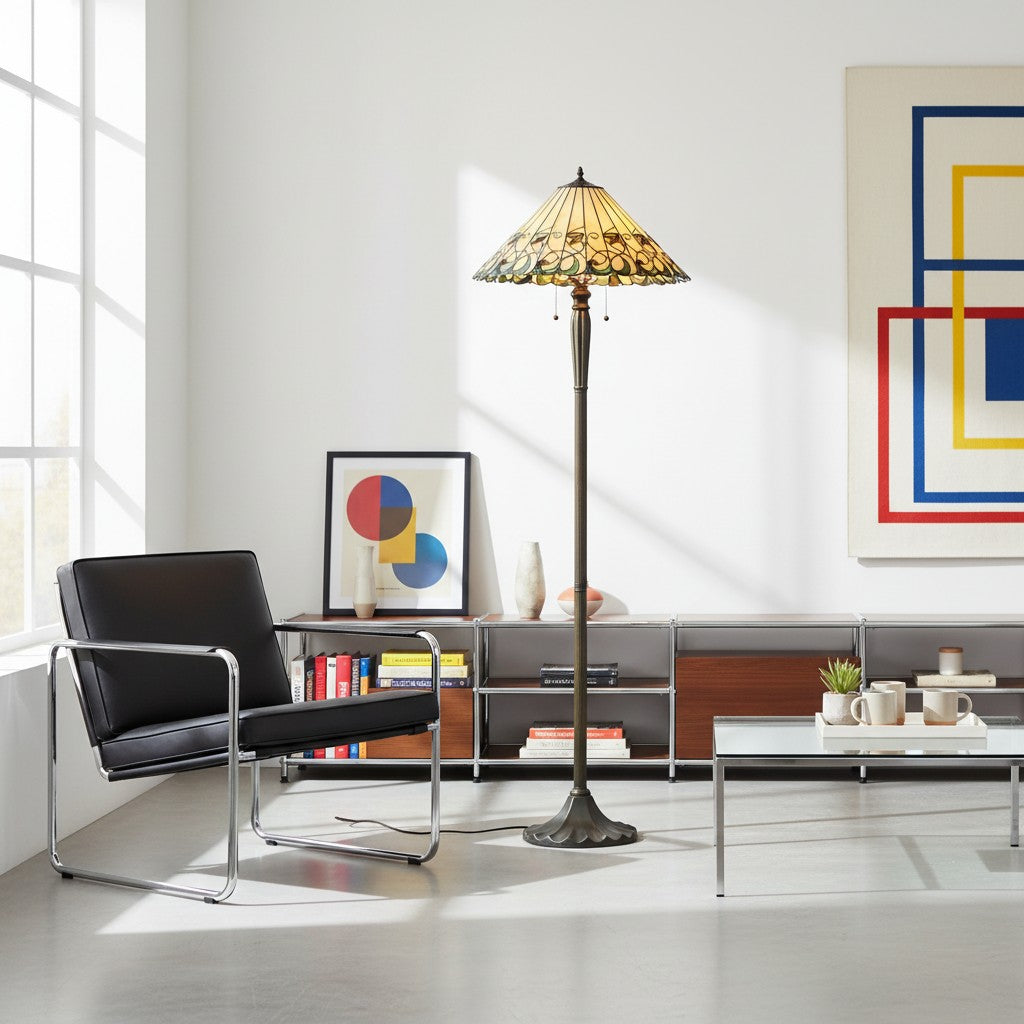 TF Jamelia Vloerlamp met Glas-in-Lood - Mozaïeklampenkap in Edelsteenkleuren Decoratieve Vloerlamp Metalen Kolomafwerking Ideaal voor Leeshoek