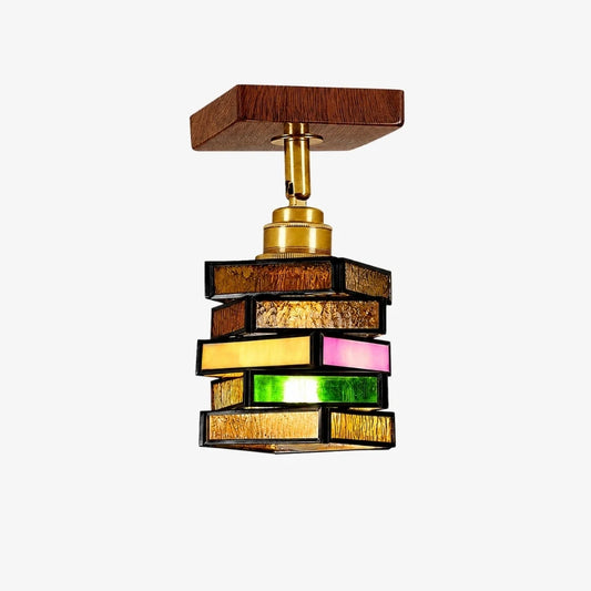 Multicolor stained glass pendant lamp with brass finish