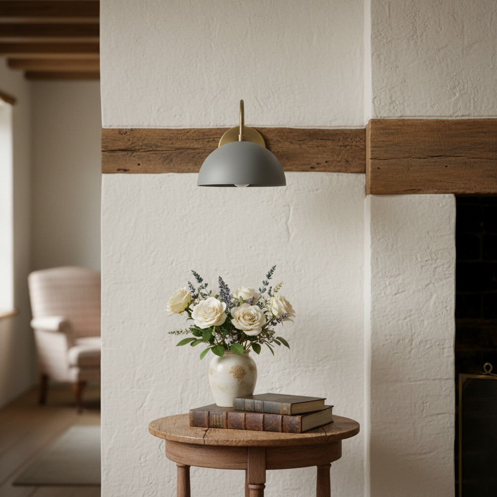 Curva Metal  Industrial Wall Sconce - Curved Brass Arm - Hammered Dome Light Fixture