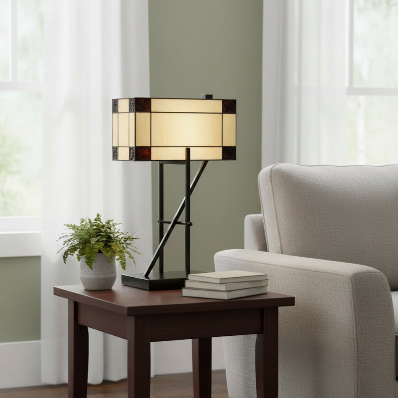 TF Manchester Table Lamp – Vintage-Inspired Stained Glass Table Light for Reading Nook or Bedroom
