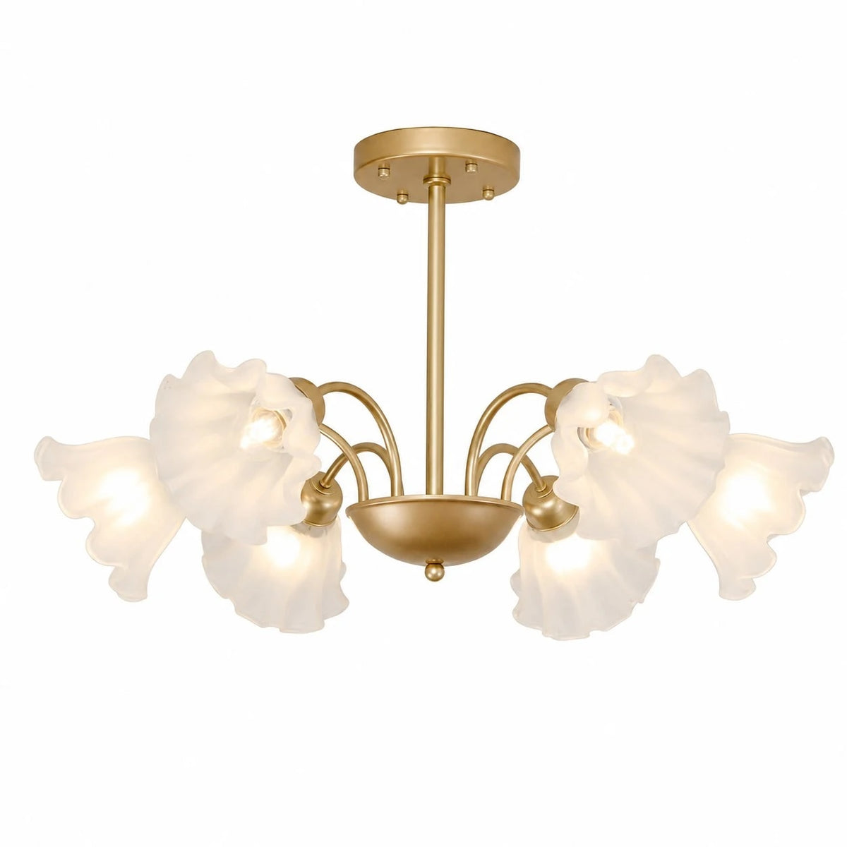 Gold-finished iron six-arm floral glass chandelier on a white background