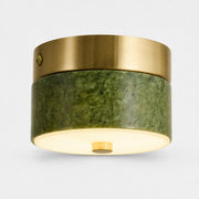 Green jade stone flush mount ceiling lamp with brass tone metal rim