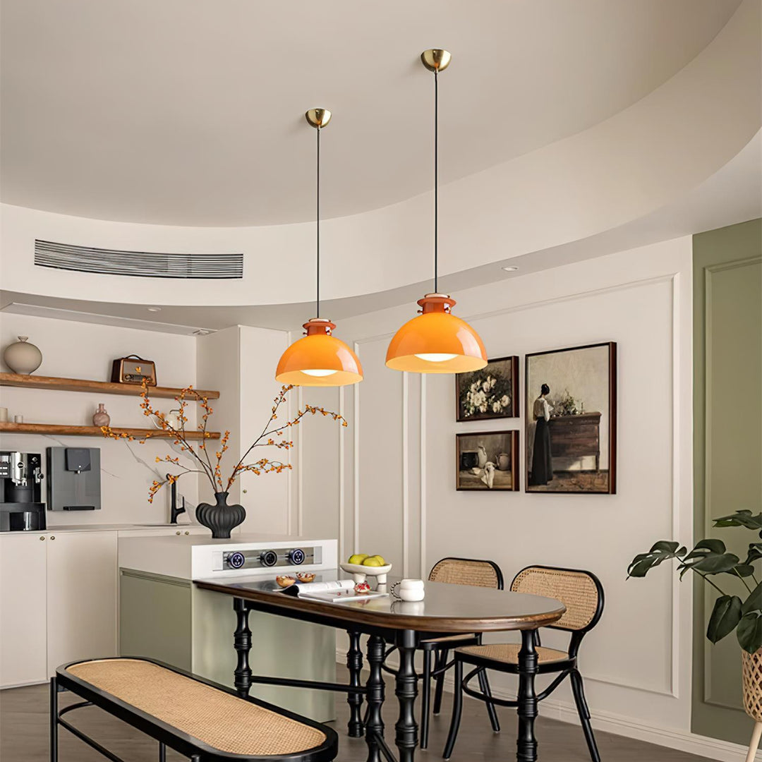 Glebe Glossy Glass Dome Pendant Lamp – Industrial Orange Hanging Light for Kitchen and Dining Room