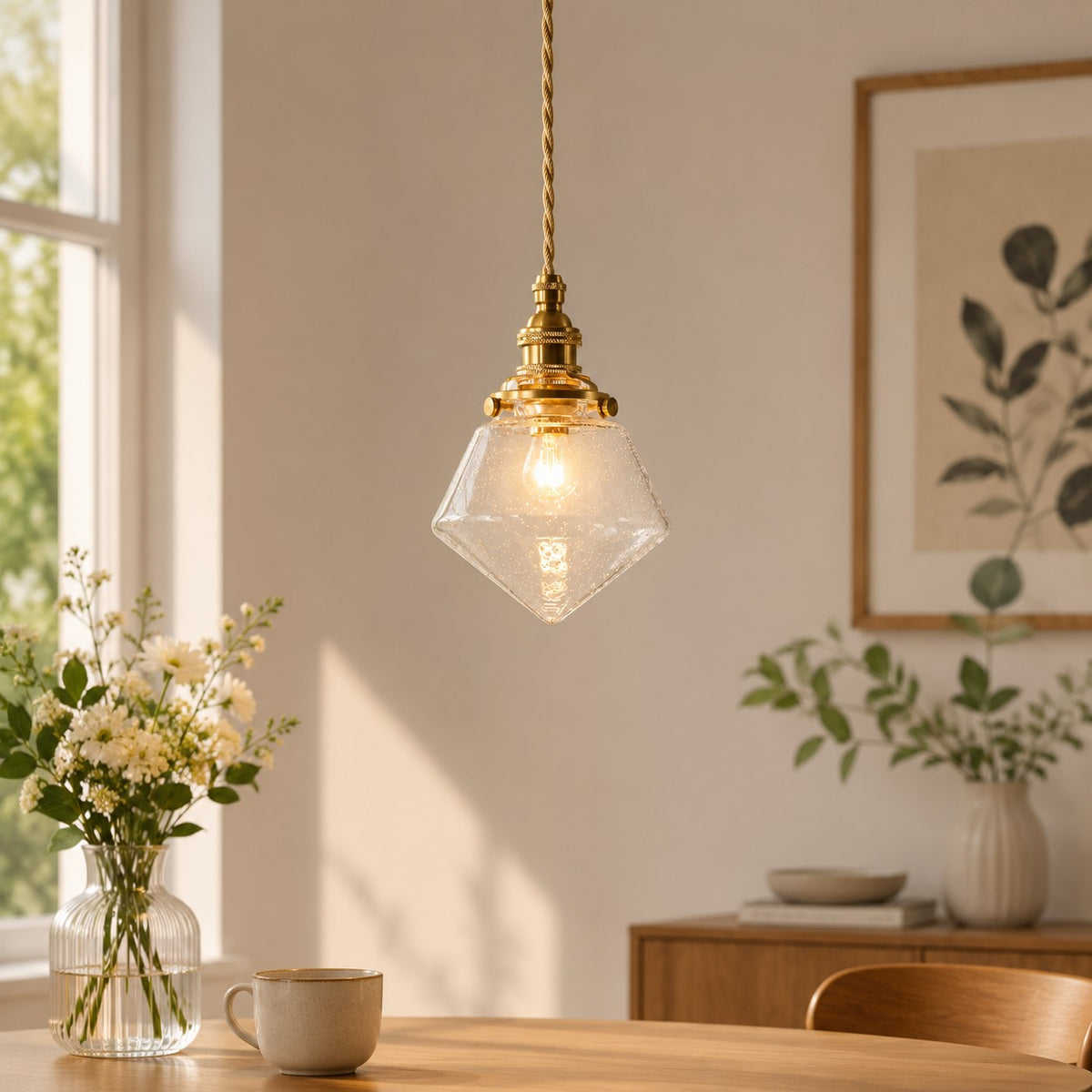 Bubble glass pendant styled above a cafe table