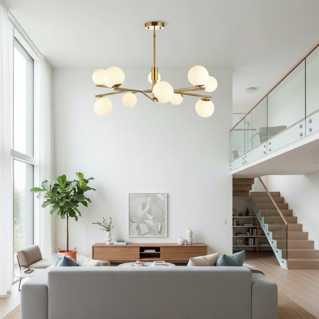 Tivara Mid-Century Modern 10-lichts hanglamp – kroonluchter met bolvormige kappen voor hoge plafonds