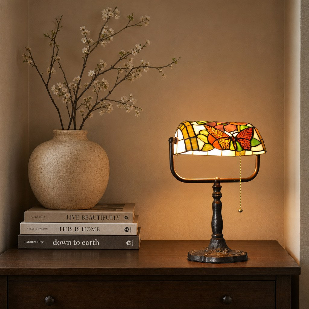 TF Tivanny Floral Stained Glass Desk Lamp - Vintage Table Light for Bedroom Study Living Room