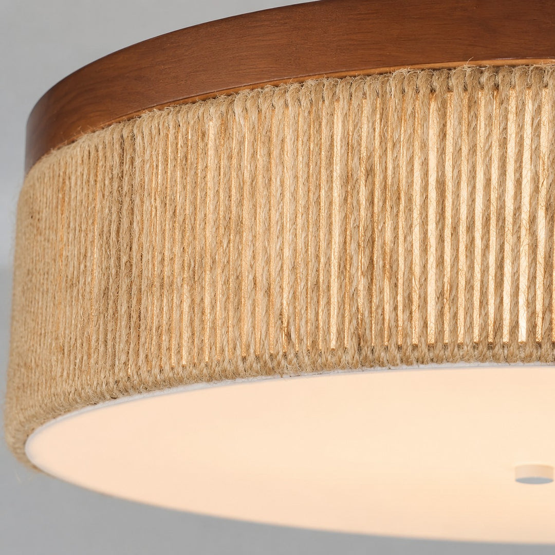 Wabi-Sabi-plafondlamp van massief hout en gevlochten touw met ledverlichting, direct tegen het plafond