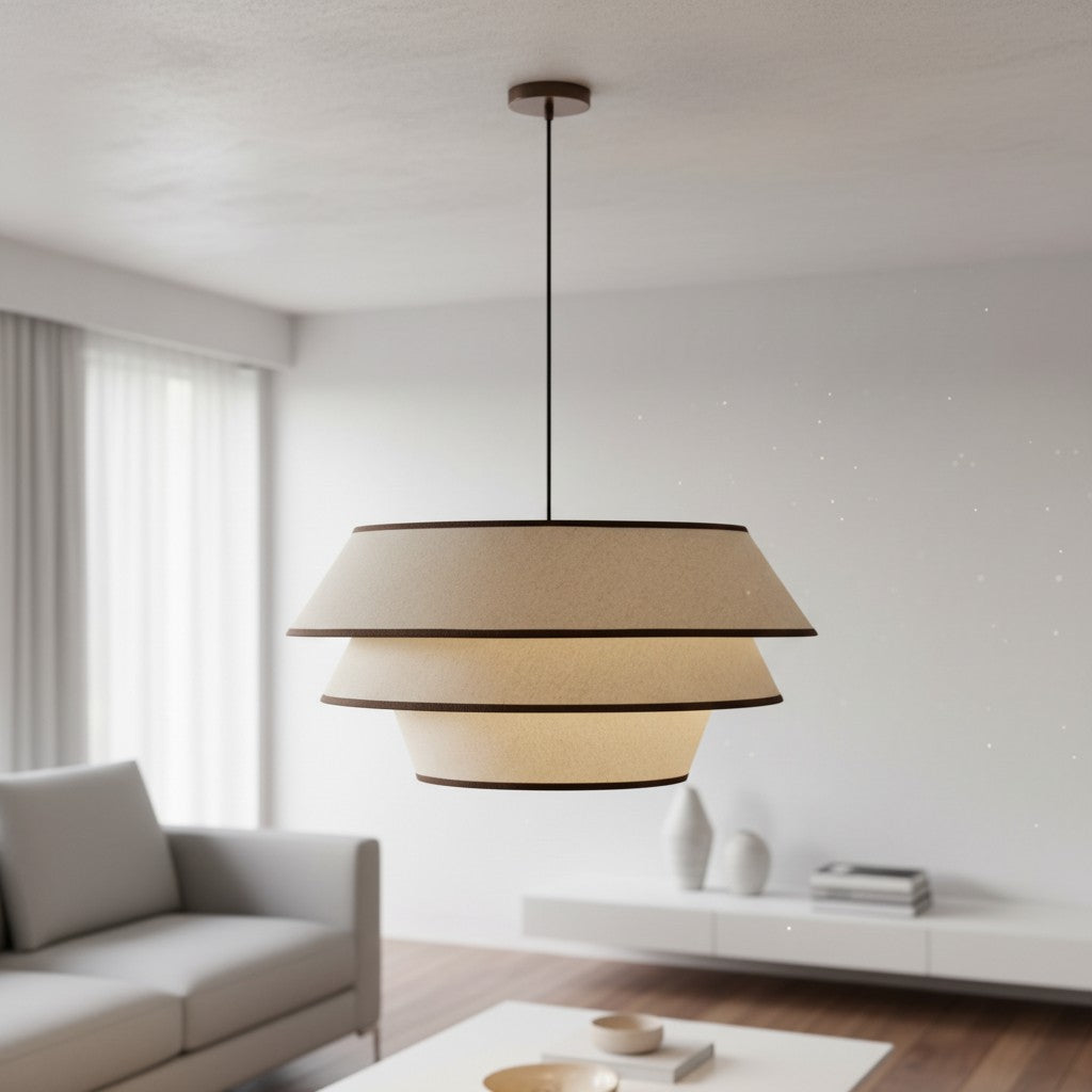 Lampada a sospensione Tarivon con struttura in acciaio e paralume in tessuto – Lampada moderna da soffitto per sale da pranzo