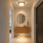 Cargar imagen en el visor de la Galería, Chrome and milky white flush mount ceiling fixture installed in a compact entry area