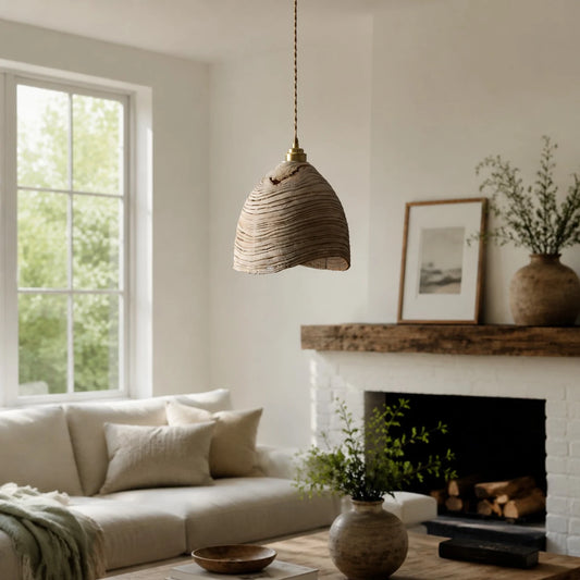 Wooden pendant light in living room scene