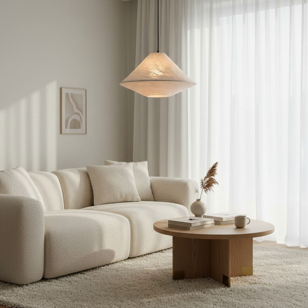 Sombra de tela plegable Zalen - Lámpara colgante tejida artesanal para ambiente de comedor y entrada