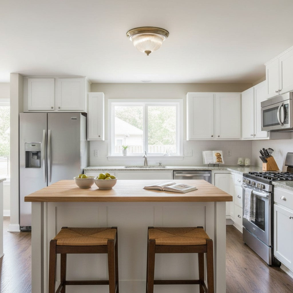 TF Vintora Moderne Opbouw Plafondlamp – Geribbeld Glas en Metalen Rand voor Keukens of Gangen