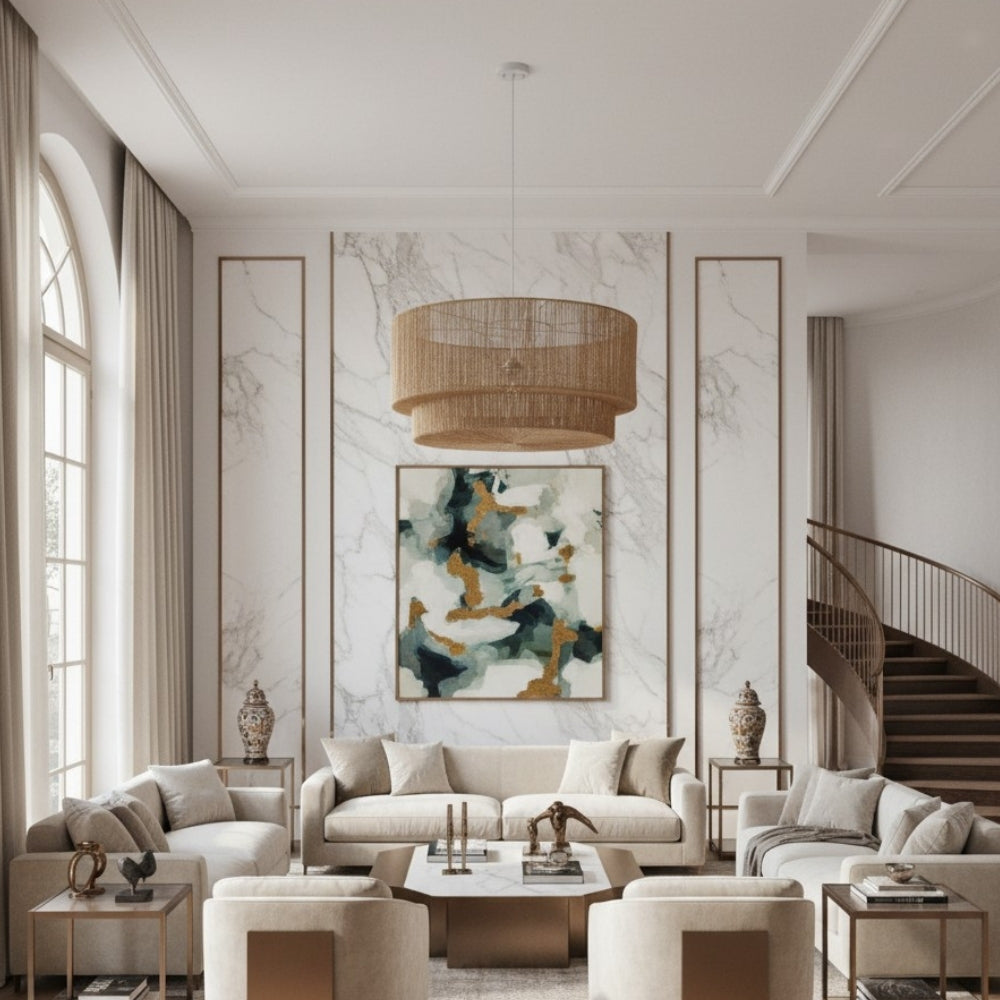 Florevian Pleciona Lampa Wisząca z Juty - Boho Chic Bębenkowa Lampa Wisząca do Salonu lub Jadalni