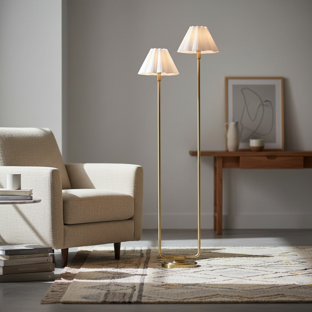 Lampadaire Duova minimaliste à 2 lampes - Lumière moderne en métal avec abat-jour plissé en tissu pour chambre ou salon