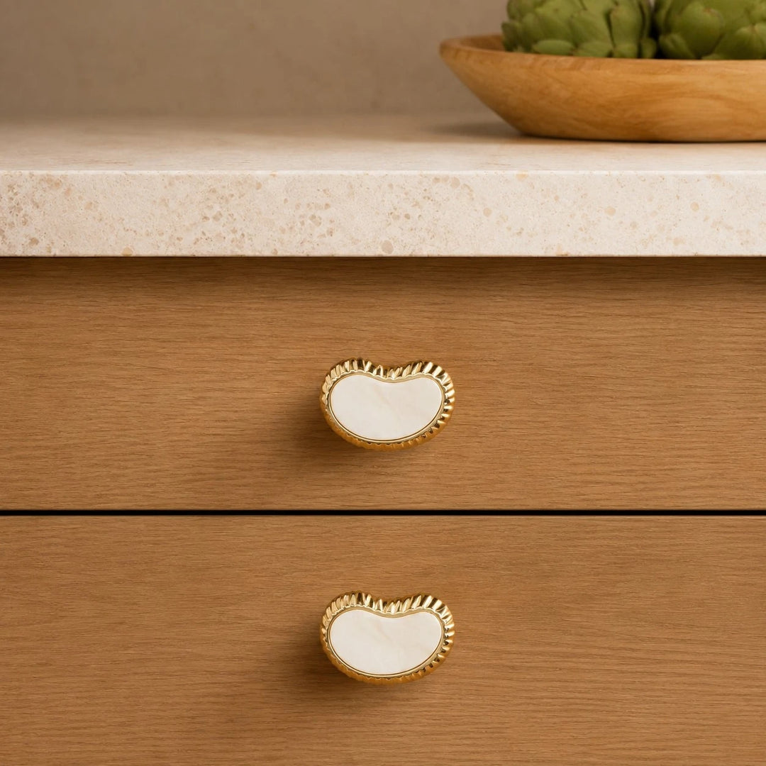 French Vintage Cashew Shell Brass Cabinet Knobs and Pulls - image 16