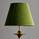 Bild in die Galerieansicht laden, Close view of green fabric shade and brass tone stem