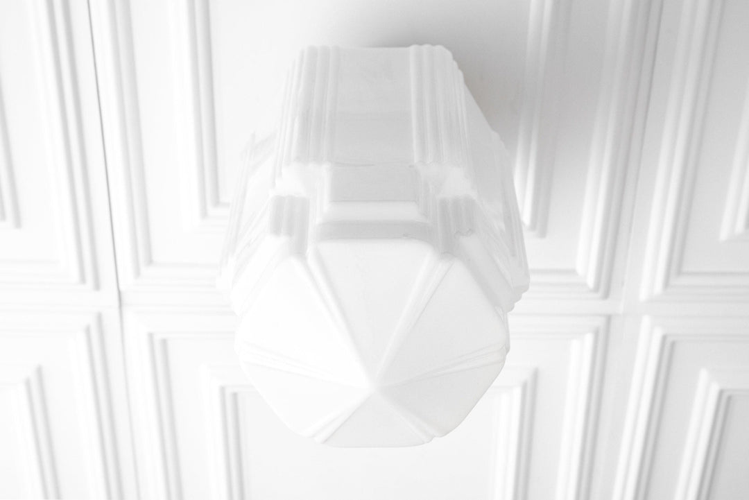 Geotower Glass Brass Pendant – Opal Globe Art Deco Hanging Light