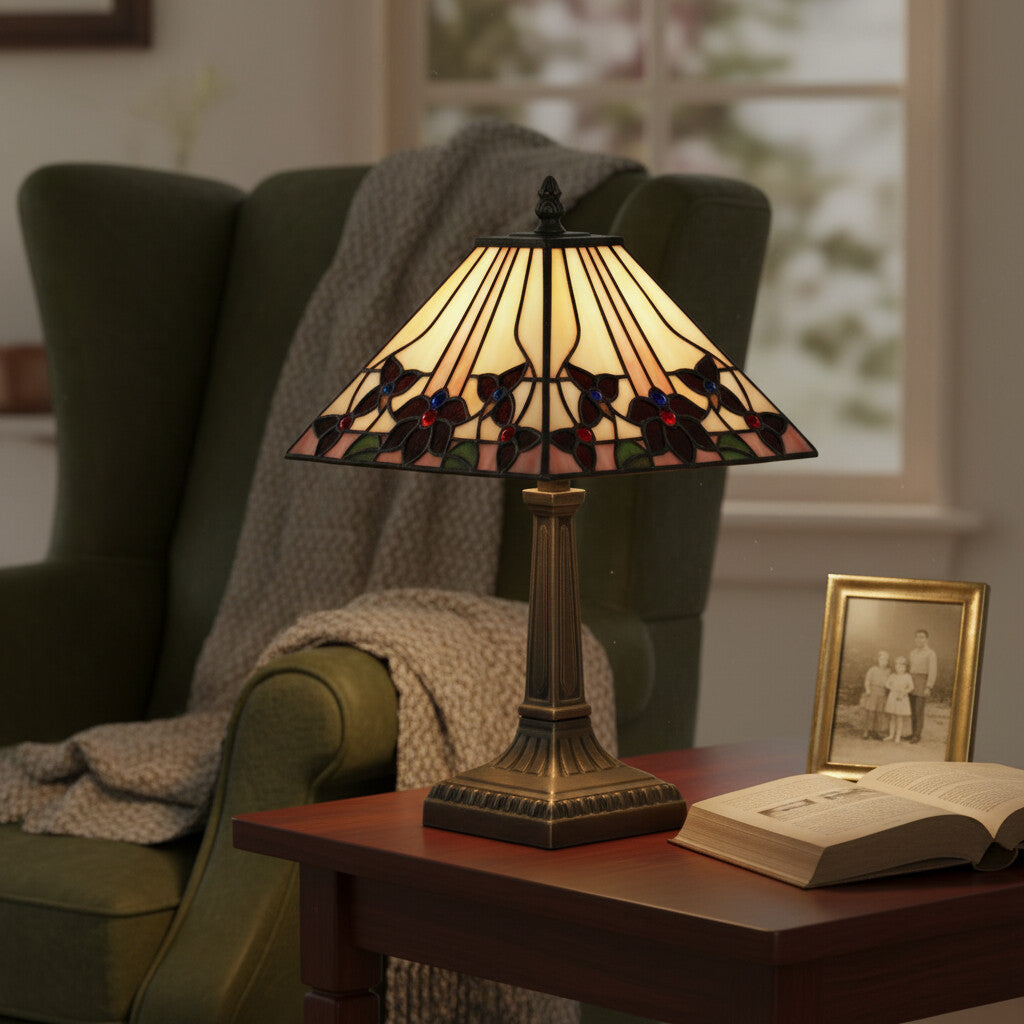 TF Camillo Ważka Lampa Stołowa z Witrażem - Styl Art Nouveau Tiffany z Falowanym Brzegiem do Salonu i Sypialni