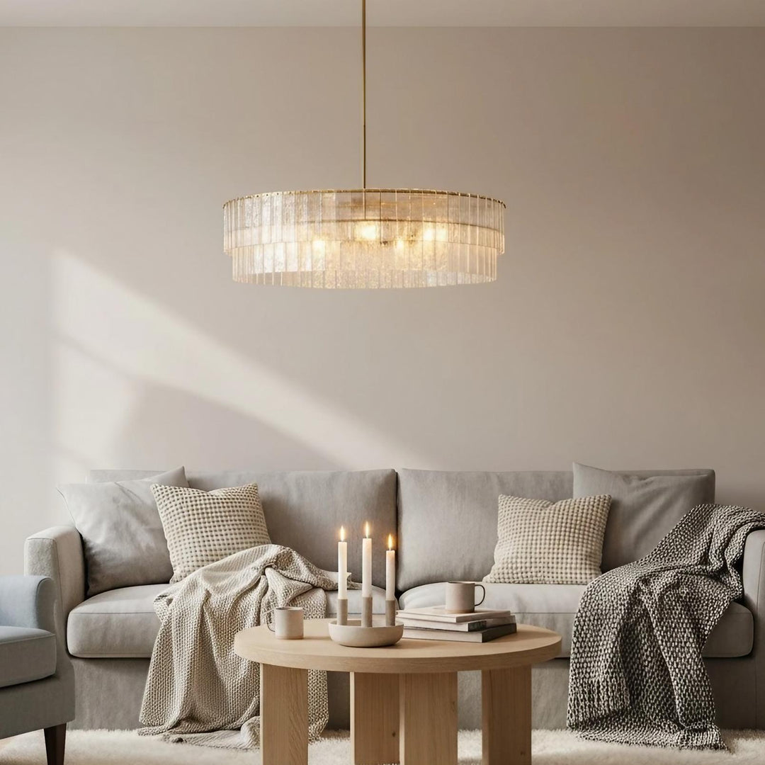 Lustre en verre texturé Lumvey - Lustre rond à deux niveaux de luxe fait main pour salon